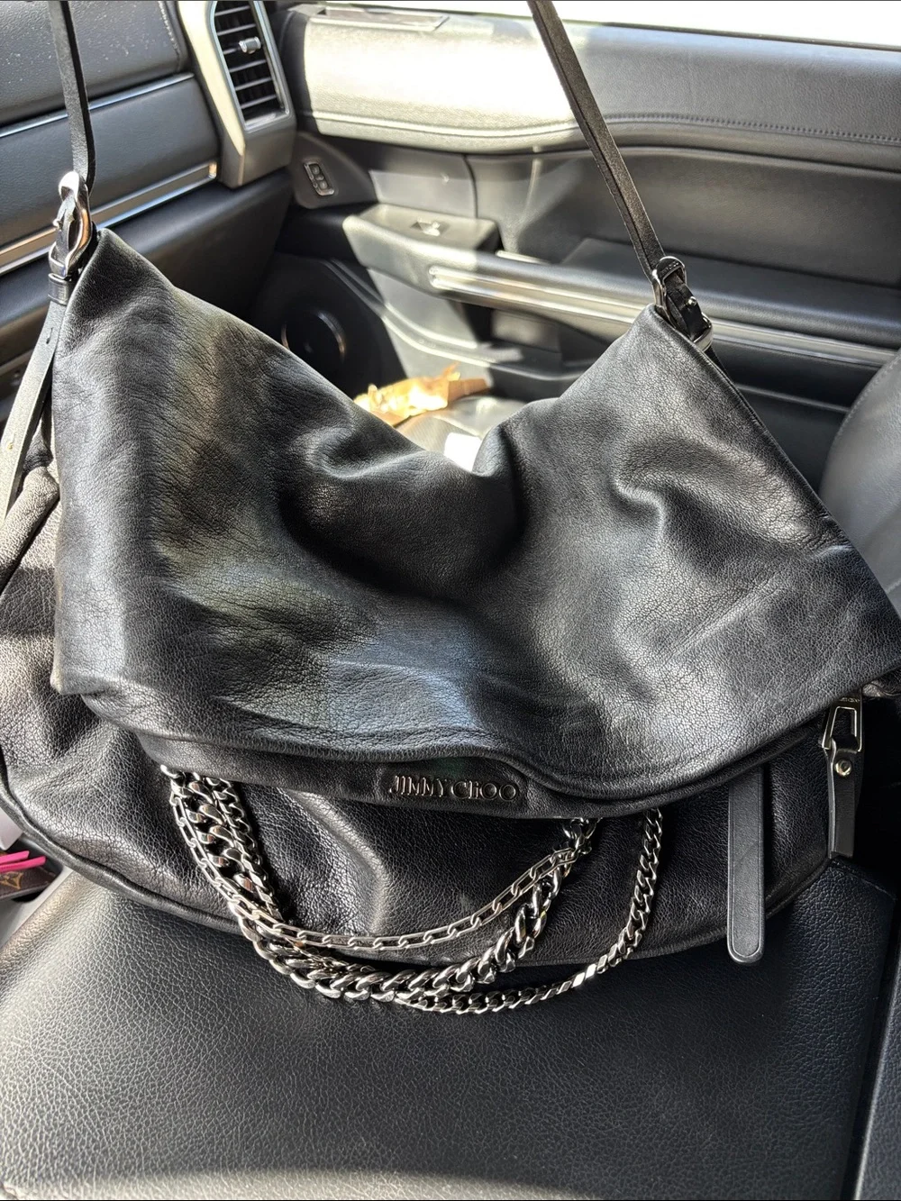 Jimmy Choo Black Leather Shoulder Bag with Silver Chain Trim